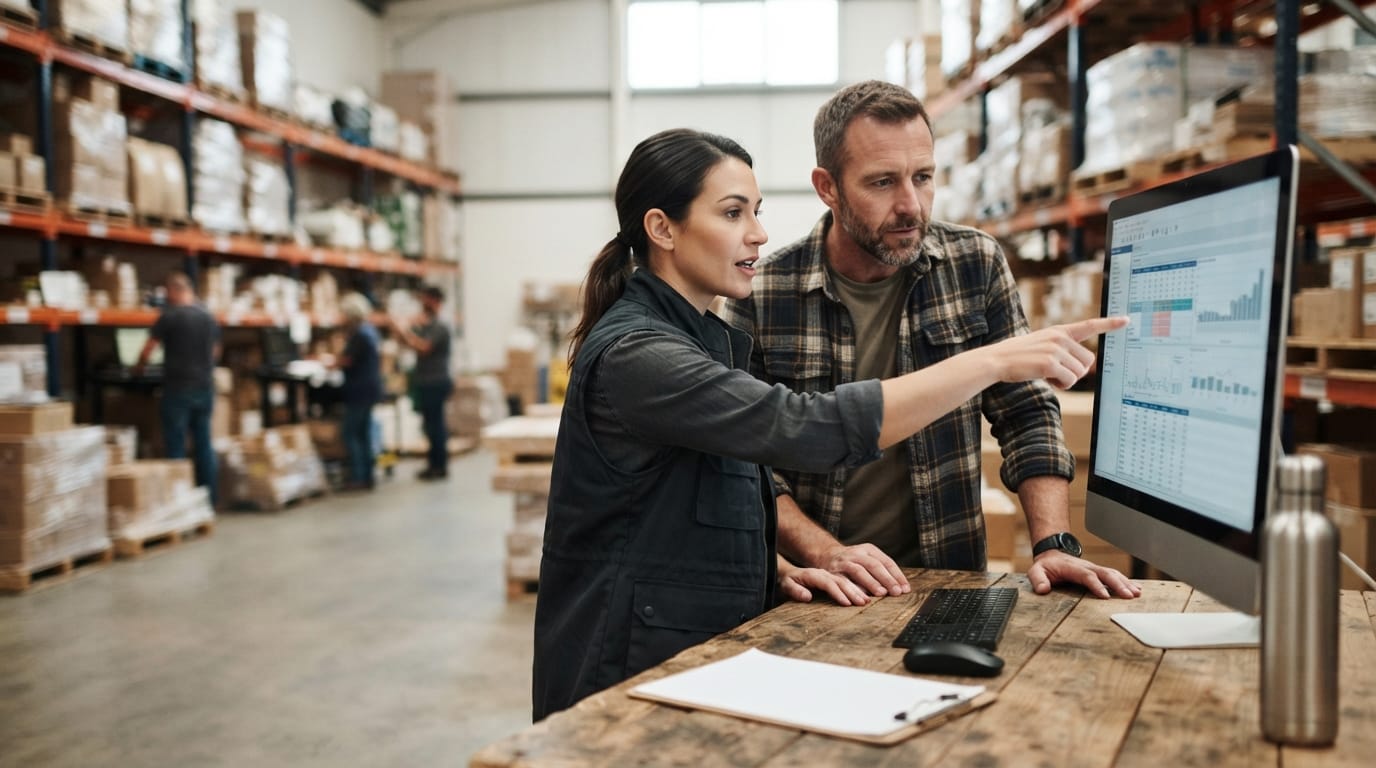 Two people working through what what is the best inventory management software for small business is telling them