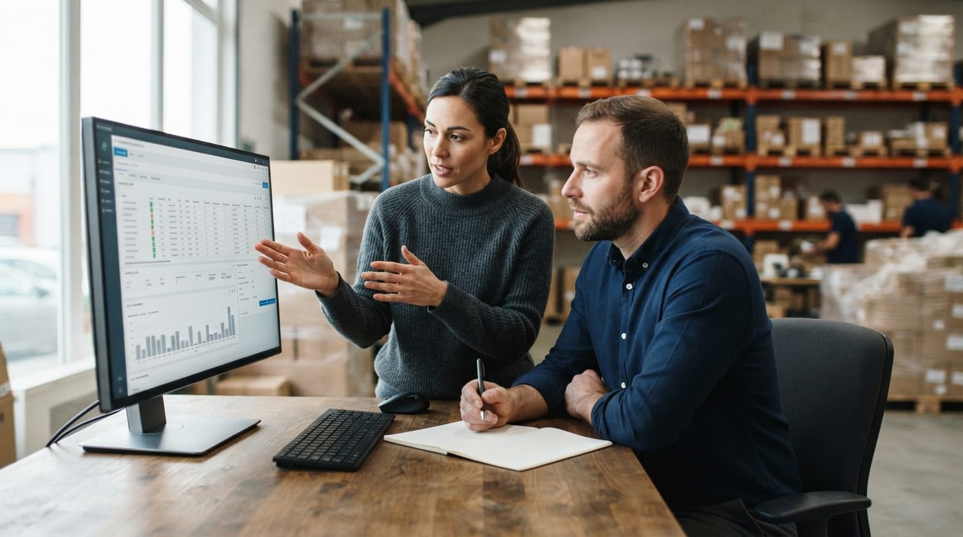 Two people working through what what is the best inventory management system for small businesses? is telling them