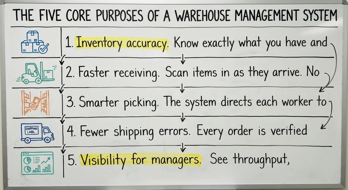 The Five Core Purposes of a Warehouse Management System, drawn out