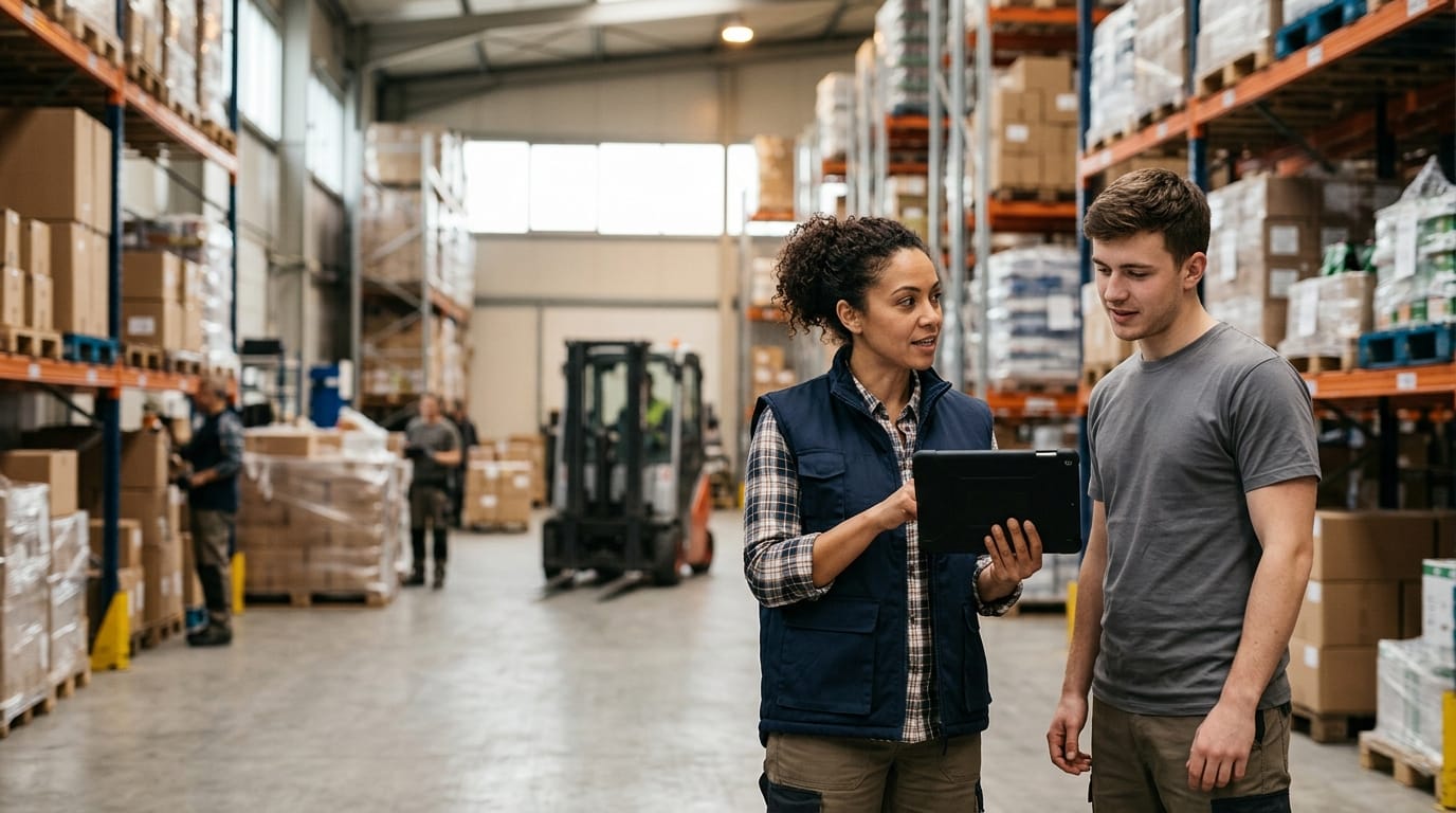 Two people working through what what is warehouse operation is telling them