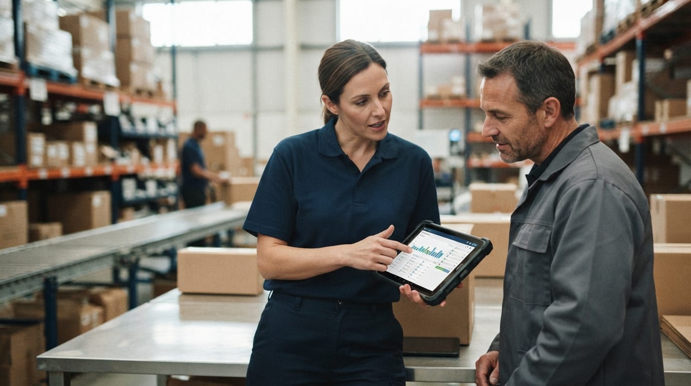 Two people working through what when was barcode scanner invented is telling them