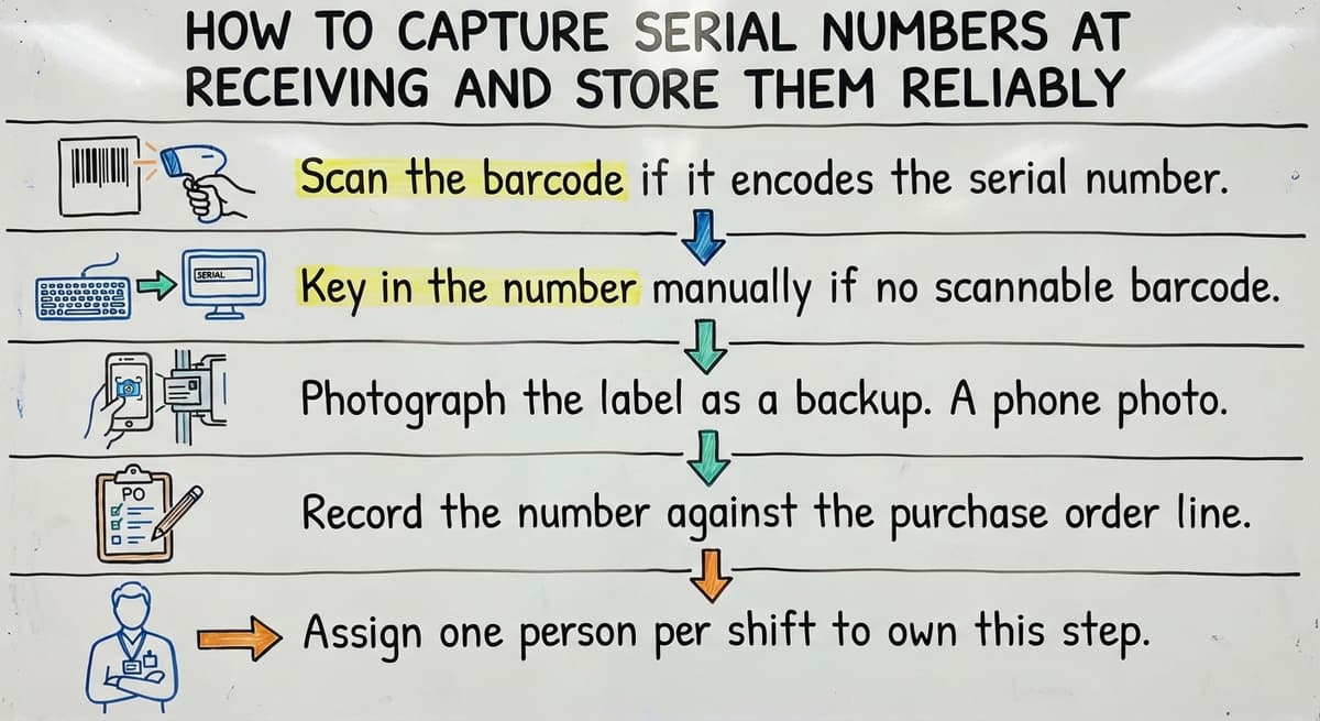 How to Capture Serial Numbers at Receiving and Store Them Reliably, drawn out
