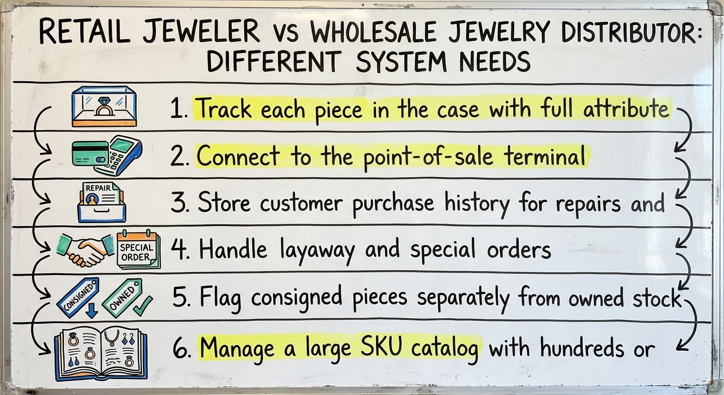 Retail Jeweler vs Wholesale Jewelry Distributor: Different System Needs, drawn out