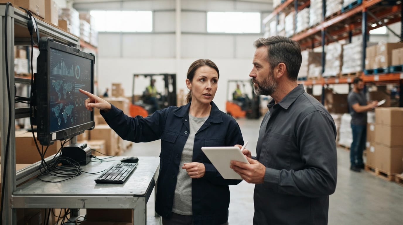 Two people working through what why is warehousing and inventory management important is telling them