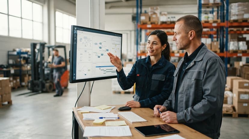 Two people working through what work flow software is telling them